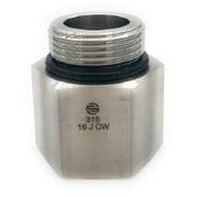 A stainless steel female adapter with threads, viewed from the side. - 316 -16 Male O-Ring Boss x 1 Female National Pipe Thread